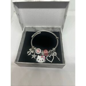 Hello Kitty Pink Charm Bracelet Silver Tone Rhinestone Bangle w/ Box NEW